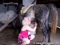 Chubby golden-haired mother I'd like to fuck strokes and sucks her ponies cock
